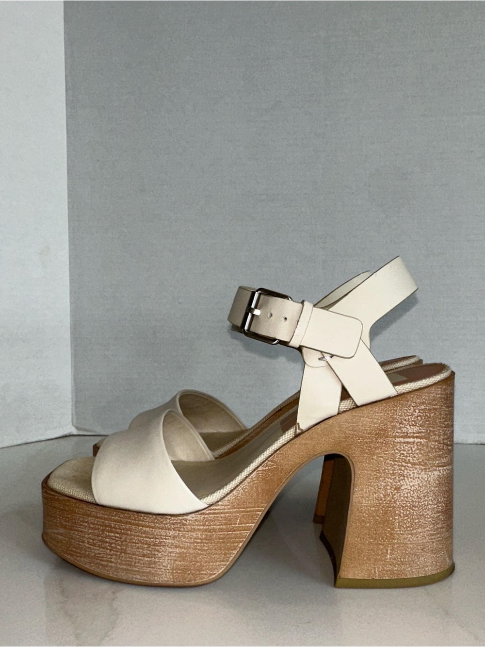 Dolce Vita Wallis Ivory Leather Wooden Platform High Heel Sandals - Picture 6 of 13